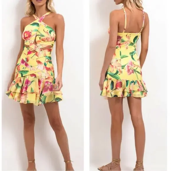 PATBO Laelia Cutout Floral Halterneck Criss Cross Yellow Mini Dress Size 4 - Picture 2 of 8
